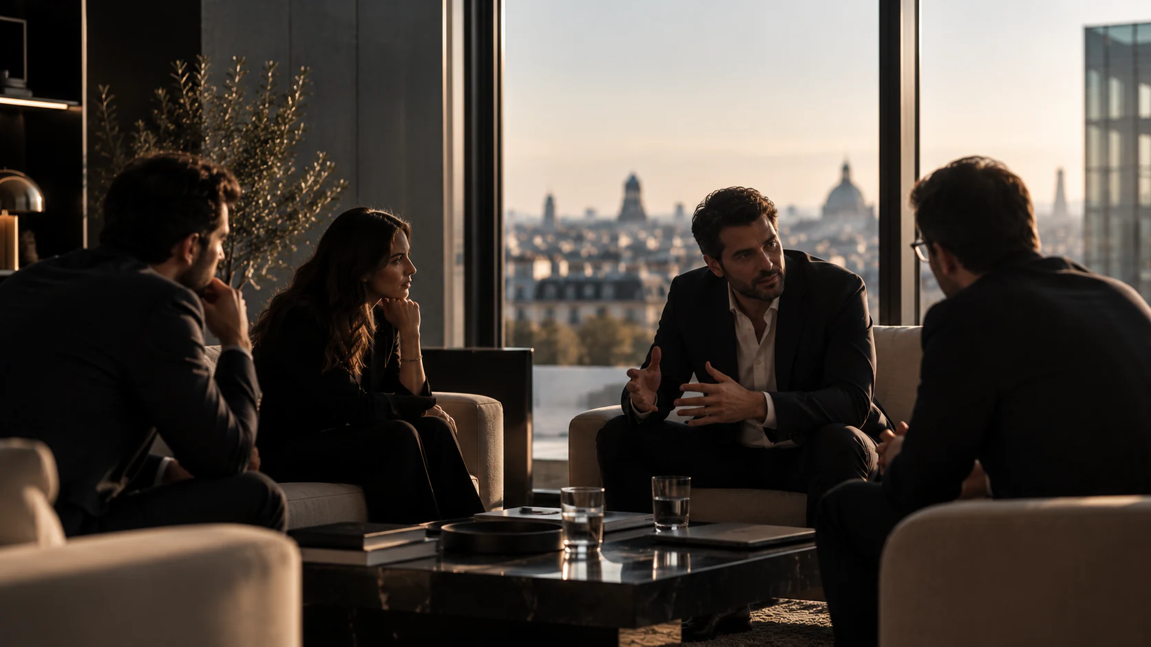 Entrepreneurs in a thoughtful conversation in a European interior